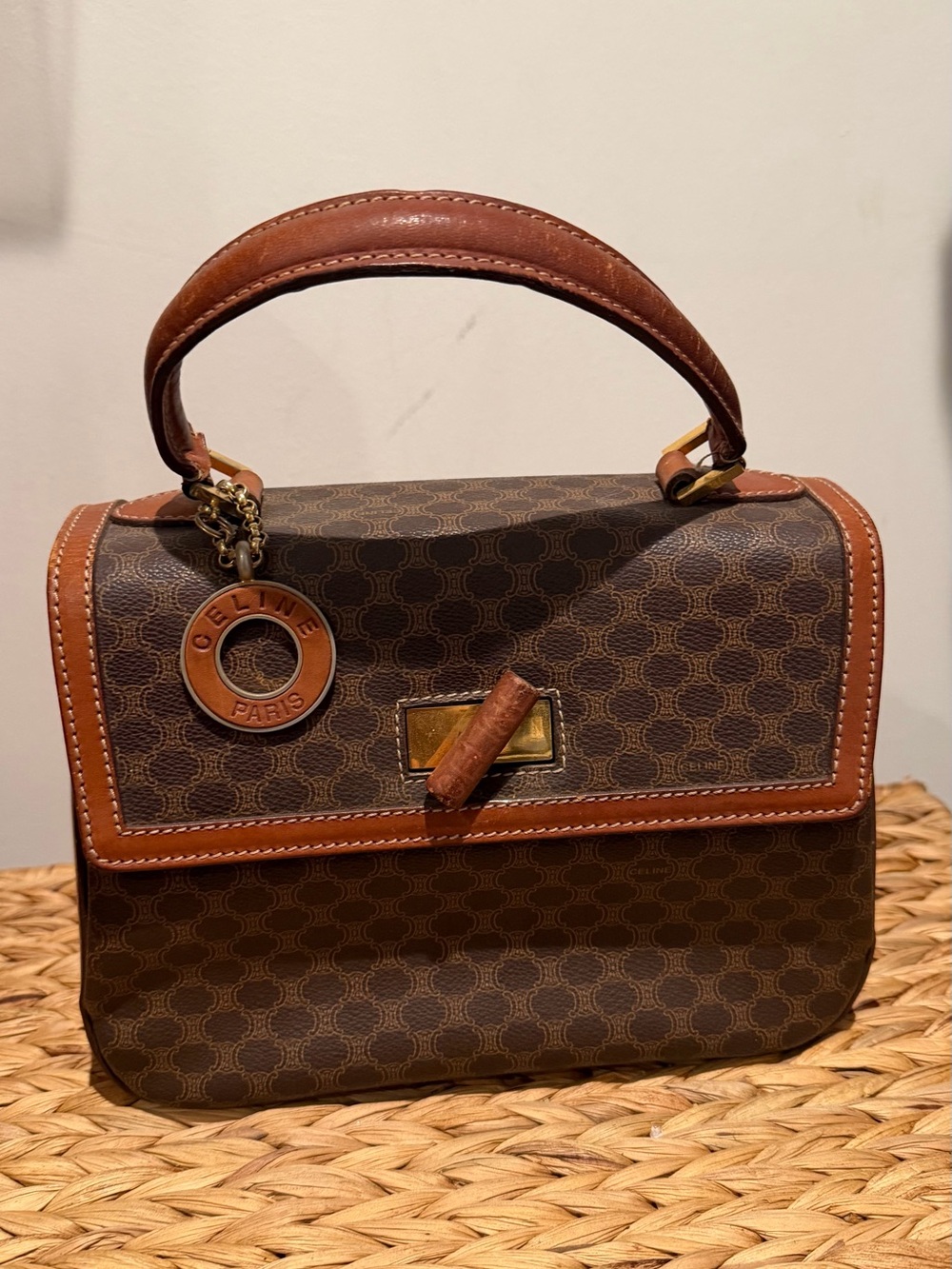 Celine Brown Monogram Top-Handle Satchel with Tan Trim